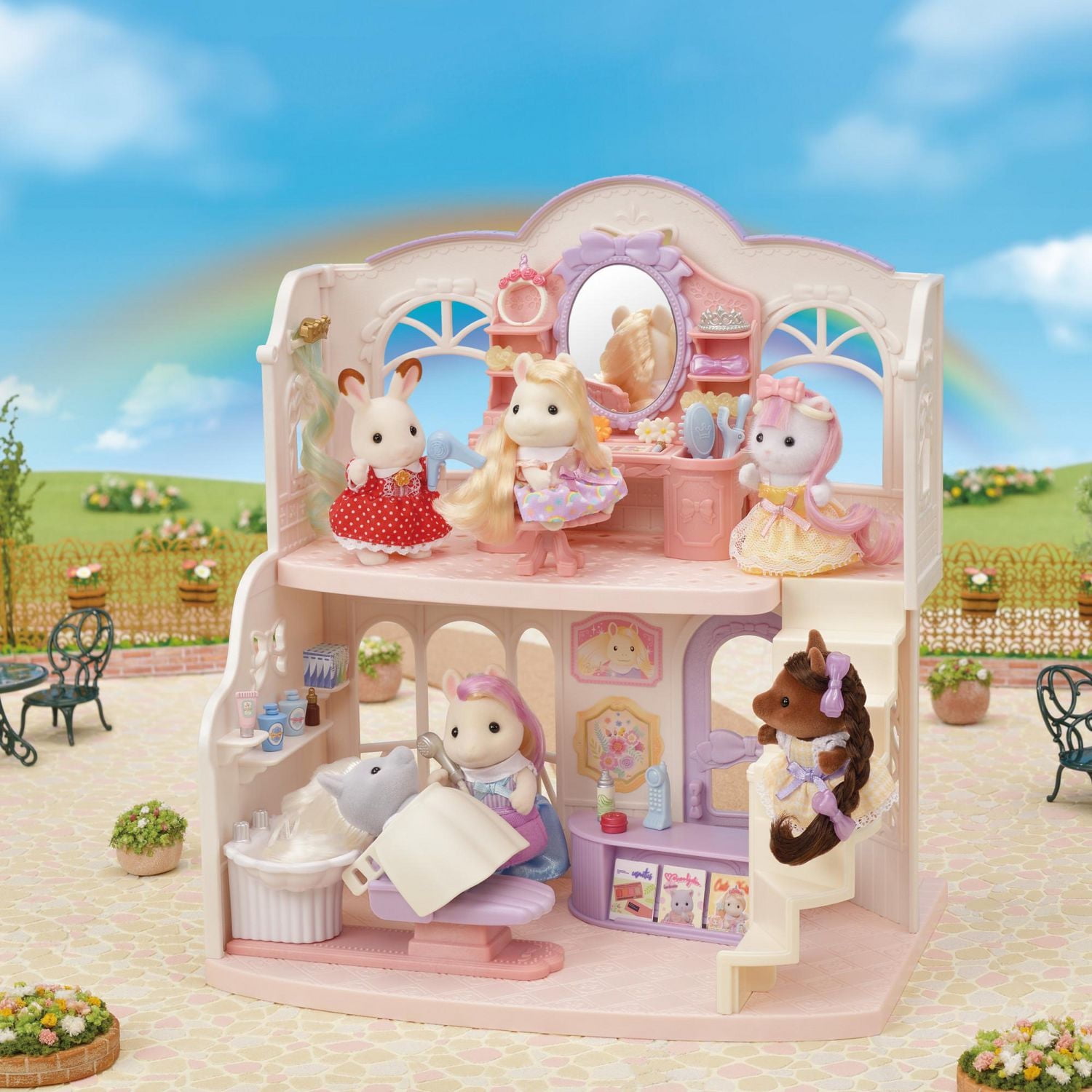 Salon de coiffure élégant de Calico Critters Pony, ensemble de jeu de maison de poupée avec figurine et accessoires