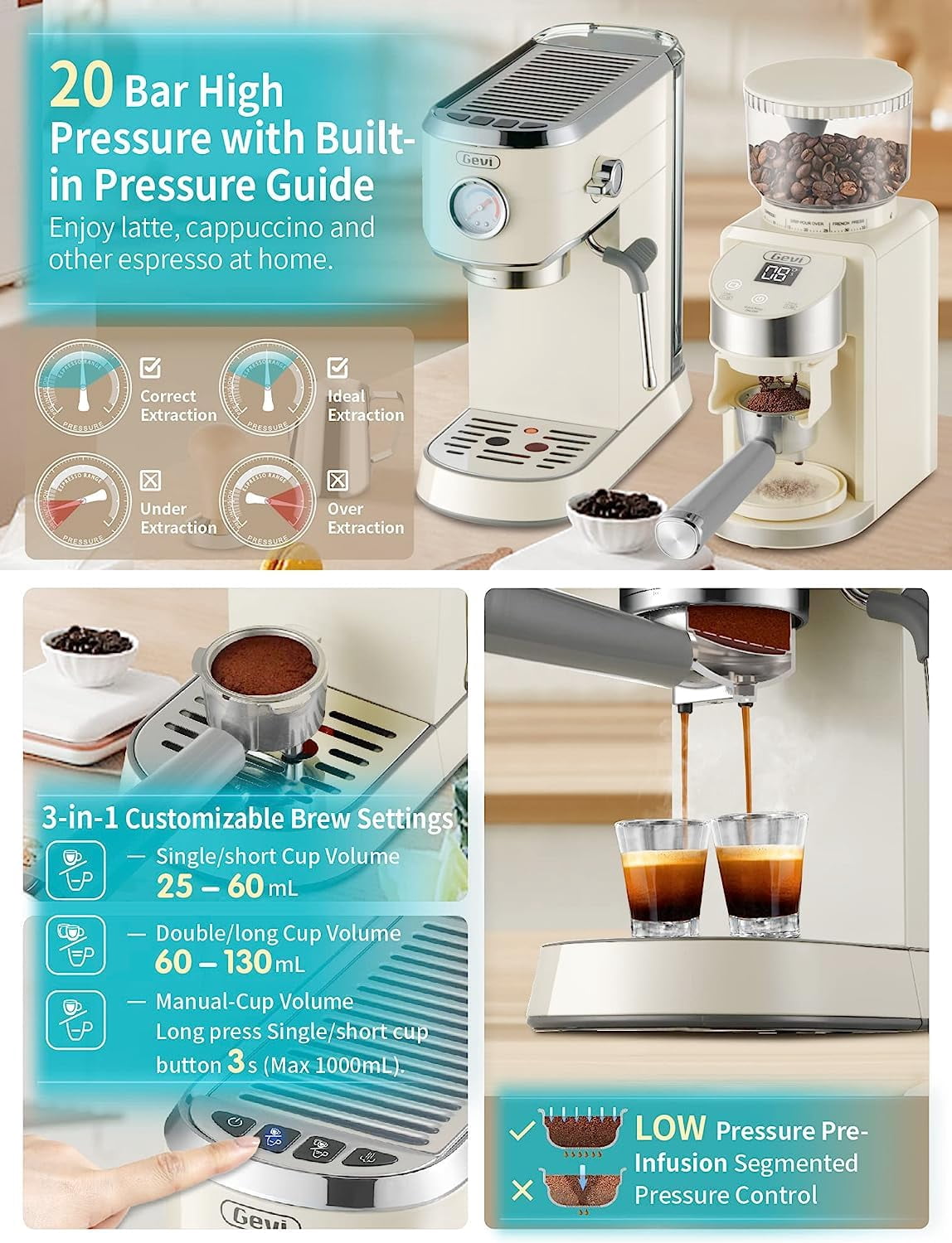 20 Bar Professional Espresso Coffee Machine with Milk Frother/Steam Wand for Espresso, Latte and Cappuccino, with 35 Precise Grind Settings Burr Coffee Grinder