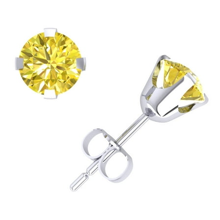 1Ct Round Yellow Diamond Solitaire Stud Earrings 18k White Gold Prong Push Back SI1