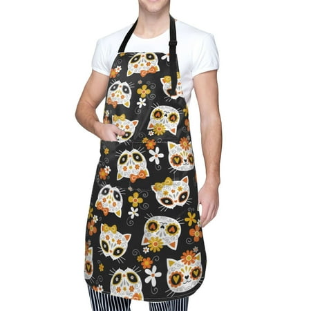 

Cauagu Cat Skulls and Flowers Aprons with Pockets Waterproof Apron for Women Kitchen Cooking Apron Adjustable Bib Aprons Chef Apron for Cooking Drawing Crafting