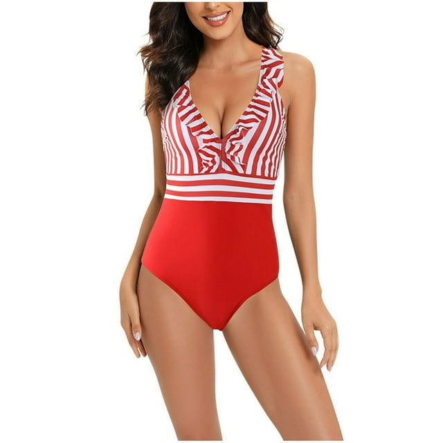 Womens One Piece Swimsuits Ruffled V Neck Monokini Colorblock Tummy Control Swimwear Bathing Suit
