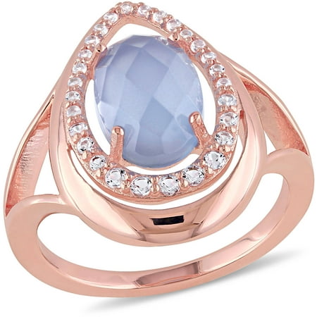 Tangelo 4-3/4 Carat T.G.W. Blue Chalcedony and White Topaz Rose Rhodium-Plated Sterling Silver Halo Cocktail Ring