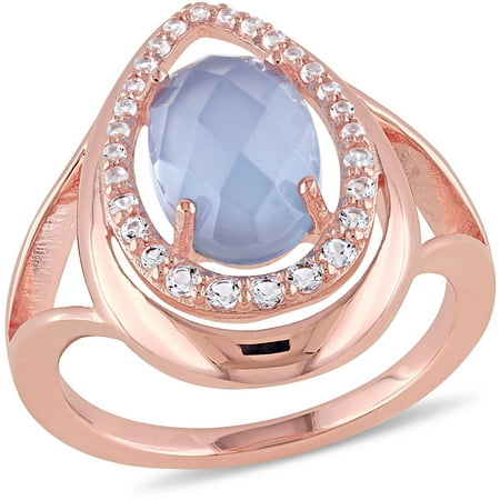 Tangelo 4-3/4 Carat T.G.W. Blue Chalcedony and White Topaz Rose Rhodium-Plated Sterling Silver Halo Cocktail Ring