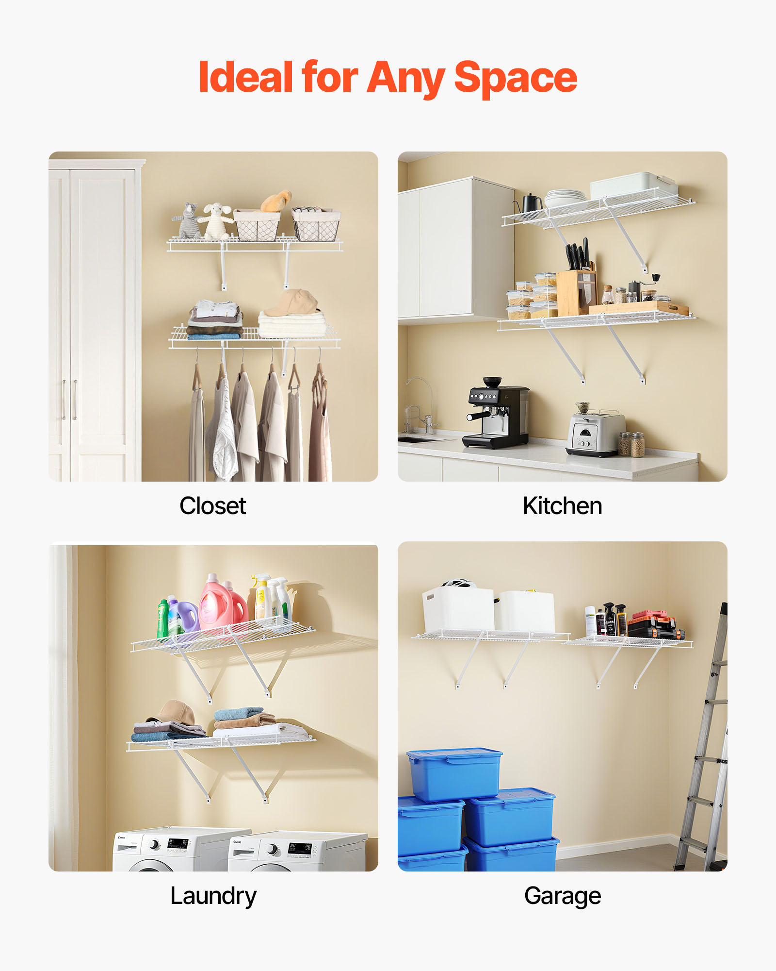 VEVOR Wire Shelf Kit, 3 ft, Set of 2, Wall Mounted Wire Shelves, Heavy-Duty Carbon Steel Hanging Shelf, Floating Wall Storage Shelves with Dip Coating, for Closet, Bedroom, Living Room, Office,Pantry
