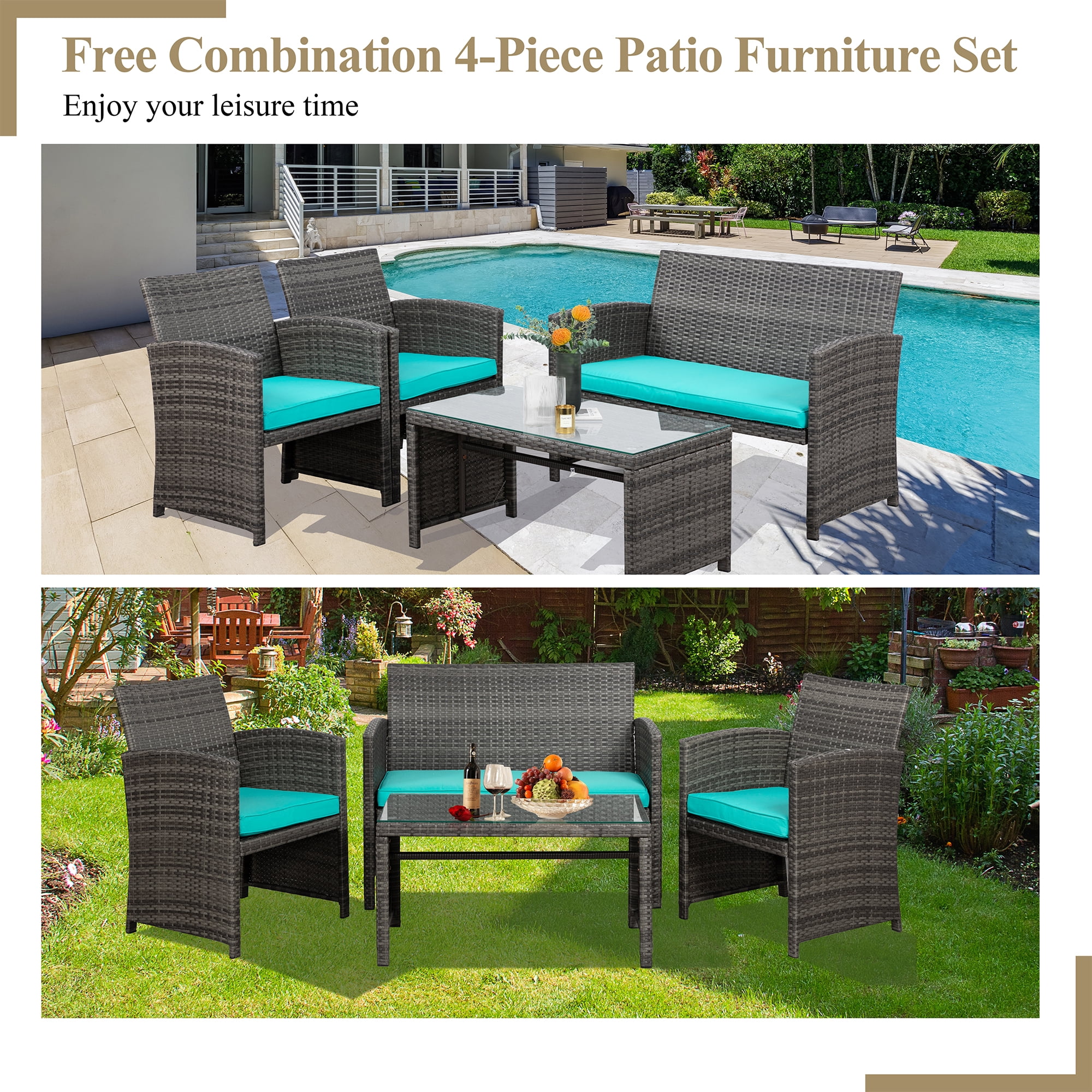 Walsunny 4-Piece Patio Rattan Furniture Set with Cushions & Tempered Glass Tabletop, Blue