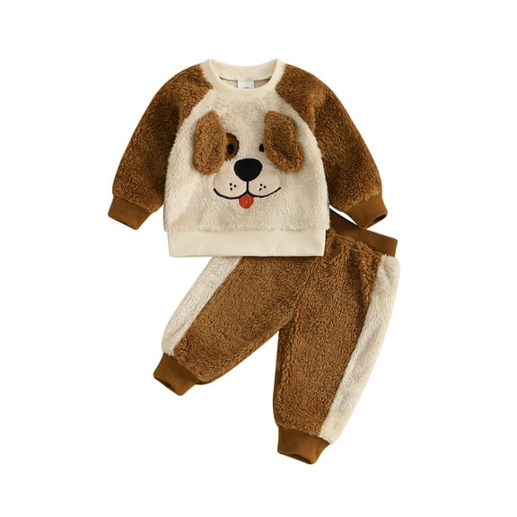 Baby Toddler Boy Fall Plush Outfit 6 12 18 24 Months 2T 3T 4T Cute Dog Pattern Long Sleeve Sweatshirt and Pants 2 Piece Clothes Set