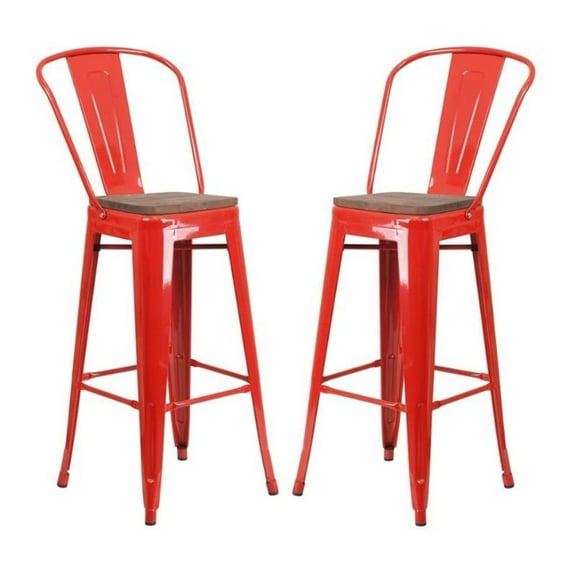 Home Square 30" Metal Bar Stool in Red and Wood Grain - Set of 2