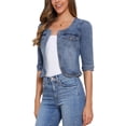 thumbnail image 4 of CHAQUETA DE JEAN CORTA SIN CUELLO PARA MUJERES CON MANGAS 3/4 EN GRIS AZUL XL, 4 of 6
