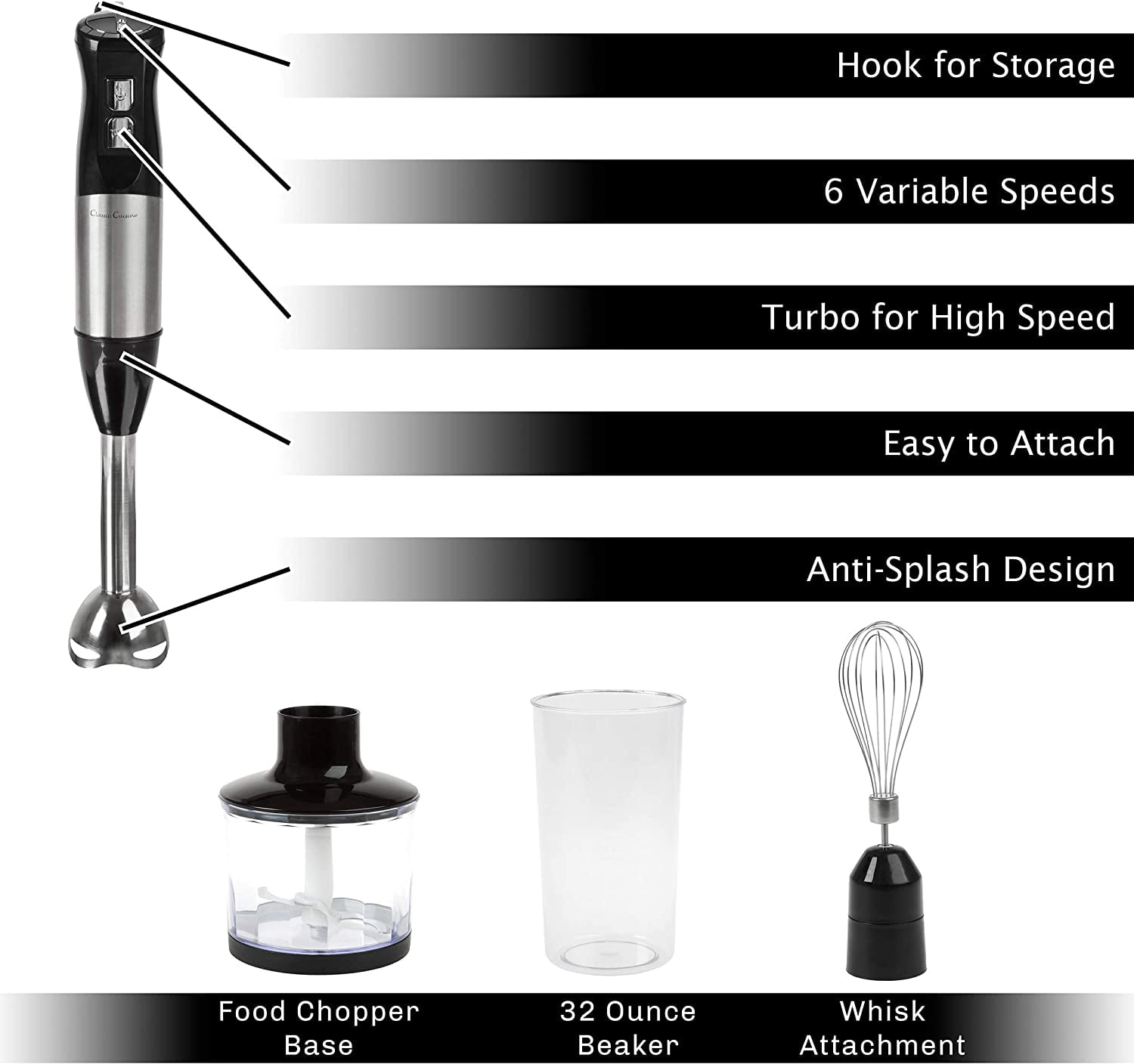 6-Speed Immersion Blender - 4-in-1 Hand Mixer with Whisk, Food Processor Cup, and 32oz Beaker for Soup, Smoothies, and  by  (Black)