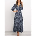 thumbnail image 2 of Vestido largo elegante con mangas 3/4 para mujer, estampado floral, cuello en V, informal, cintura alta, estilo bohemio, 2 of 6