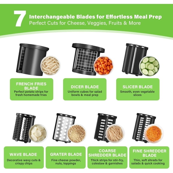 7-in-1 Electric Salad Maker, 250W Professional Cheese Grater & Vegetable Cutter with Dicer, French Fry Blades, Automatic Slicer Shredder for Salads, Fruits, Nuts, One-Touch Meal Prep,