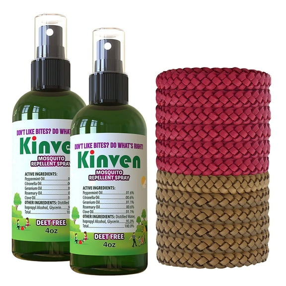 Kinven Bracelets and Spray Pack for Mosquito - 2 x 4oz Spray Bottle 12 Bracelets, Brown/Red, Great Looking, Insect Wristband & Spray, Waterproof, Indoor Outdoor Protection for Adults & Kids