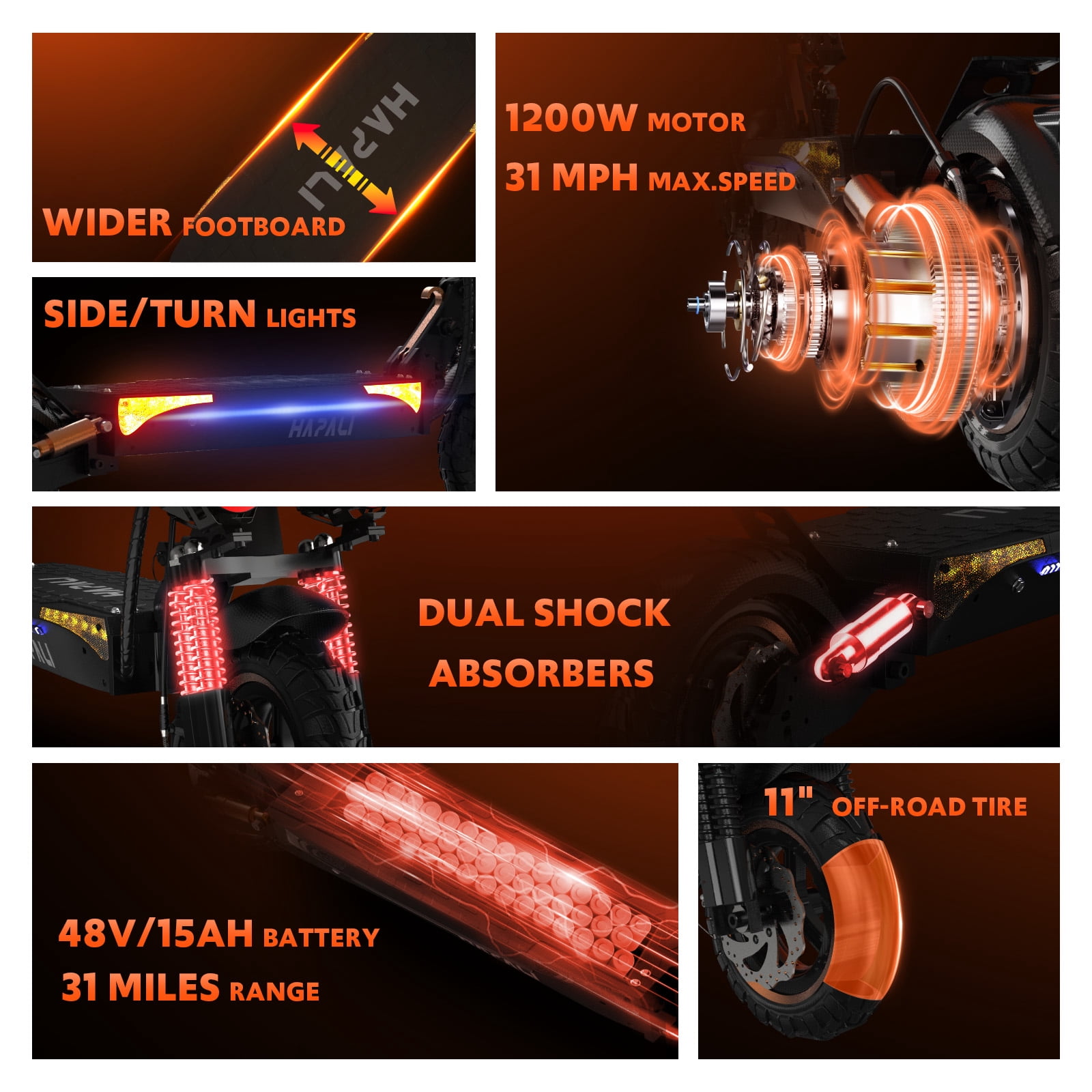 1200W Off Road Electric Scooter for Adult, 48V 15AH Folding E-Scooters Up to 31Mph & 31Miles Range,11" All Terrain Tire E-Scooter with Double Suspension & Side Light