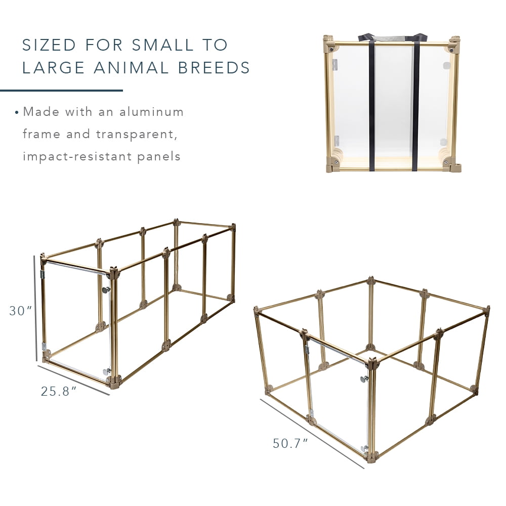 Front Row Foldable Dog Playpen Pen, Durable Indoor Outdoor Portable Crate Kennel Safe Accessories for Puppy, Cat, Bunny, Pet for Play Exercise Rest with Clear Transparent Panels and Gold Rods