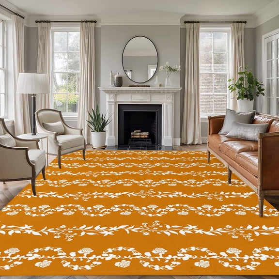 Orange Spring Leaves Area Rugs 8'x10', Washable Small Throw Rugs for Living Room Patio, Pastoral Botanical Striped Flowers Indoor Outdoor Rug Non-Slip Low Pile Carpet Runner Reversible Floor Mats