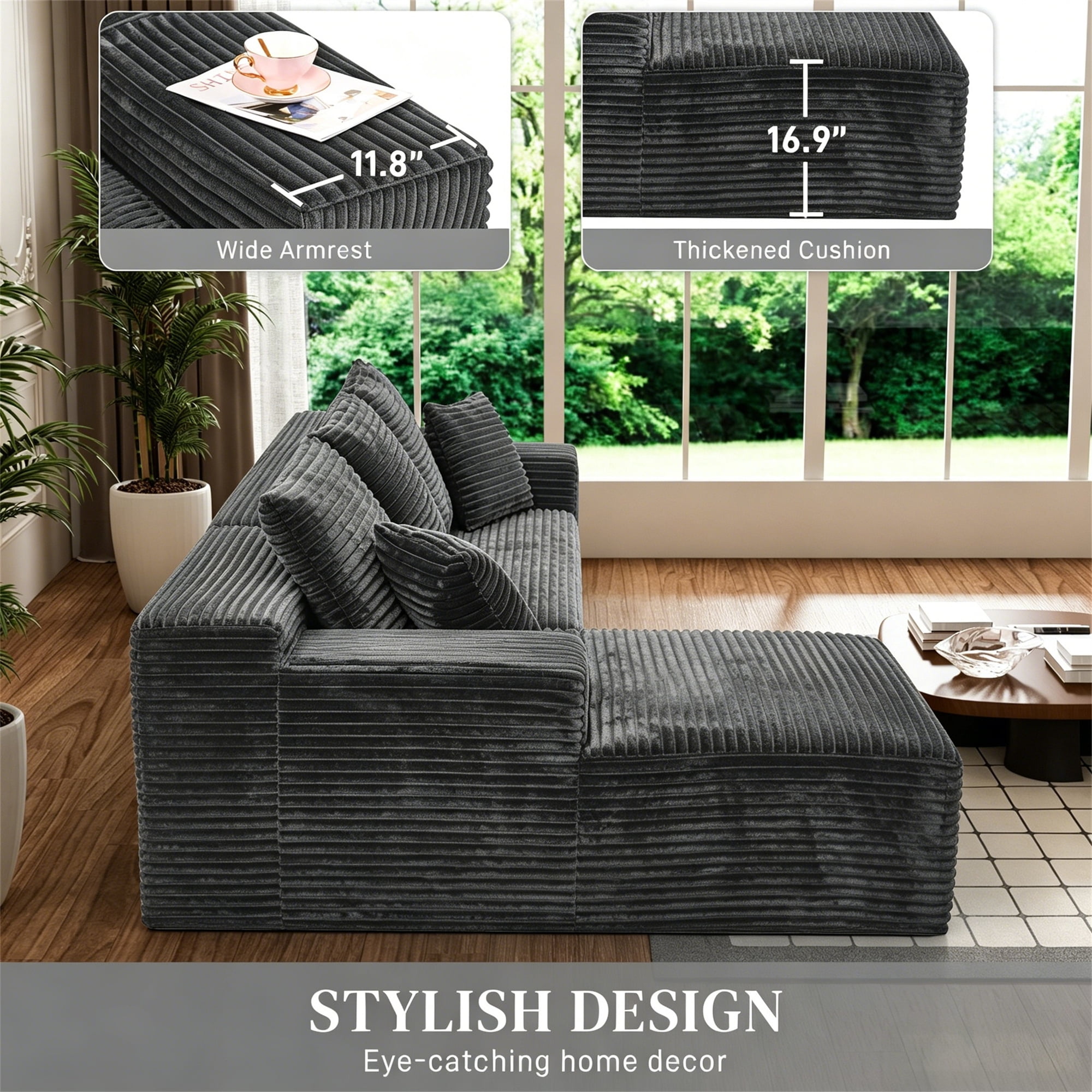 Aukfa 108" Cloud Sectional Sofa Deep Seat Boneless Couch Modular L-Shaped Couch, Rihgt Chaise Corduroy Sofa for Living Room, Gray