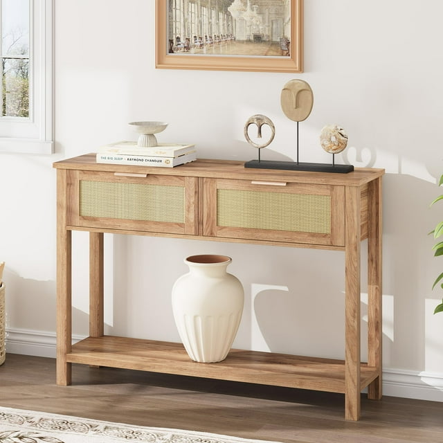 EDTara Table Console Bohème en Rotin avec 2 Tiroirs et 2 Niveaux, Table d'Entrée/sofa en Chêne Caramel Récupéré, Table de Rangement pour Couloir/vestibule pour la Déco de la Maison