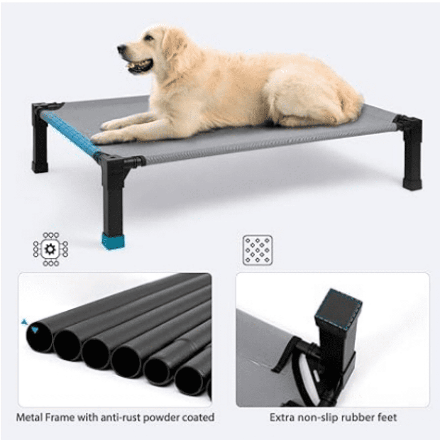 Cooling Elevated Dog Bed, Raised Dog Bed with Washable Breathable Mesh and Metal Frame, Portable Dog Cot Bed with No-Slip Feet for Outdoor and Indoor Use, Grey
