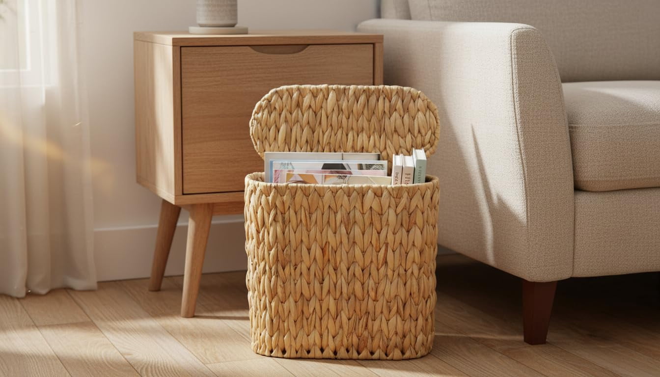 Wicker Bathroom Trash Can With Lid Narrow Rattan Waste Basket Removable Liner Bucket Slim Woven Water Hyacinth Garbage For Bedroom Office Small Spaces 3 Gallon