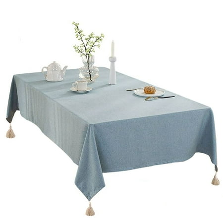 

Tablecloths For Rectangular Table Solid Color Tablecloth With Fat Tassel Wrinkle Free Cotton Linen Table Cover For Living Room Kitchen Garden Picnic Party-Blue B-140*140cm