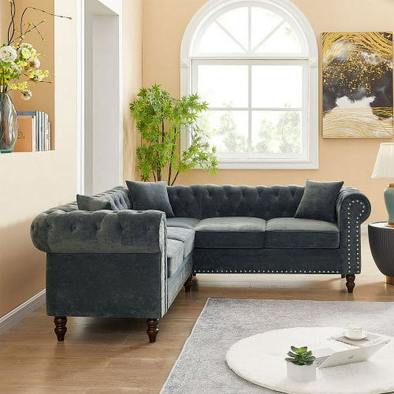 L Shaped Velvet Tufted Sectional Sofa