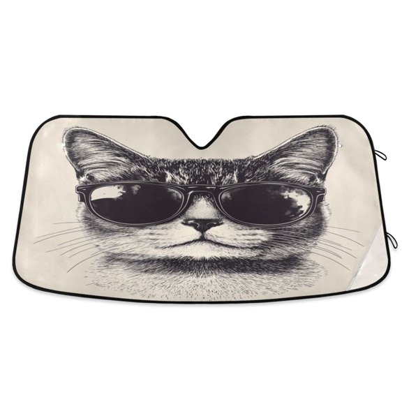 Qxltty Cat with Sunglasses Pattern Car Windshield Sunshades Foldable UV Rays Sun Visor Protector Keep Your Vehicle Cool 53×23.5in