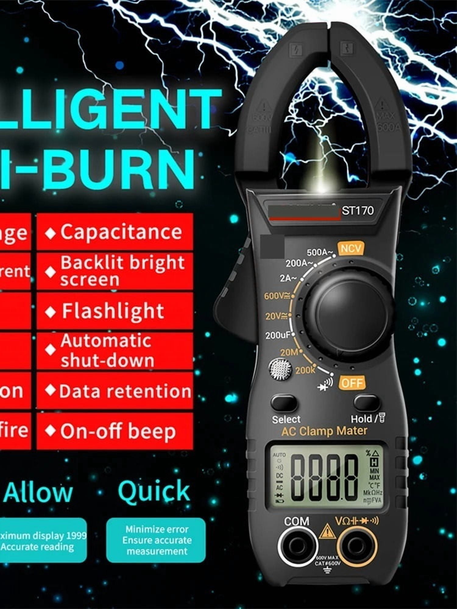 Digital Multimeter Backlit Display Current Voltage Resistance Capacitance Tester Clamp Meter NCV ,High&Low Sensitivity