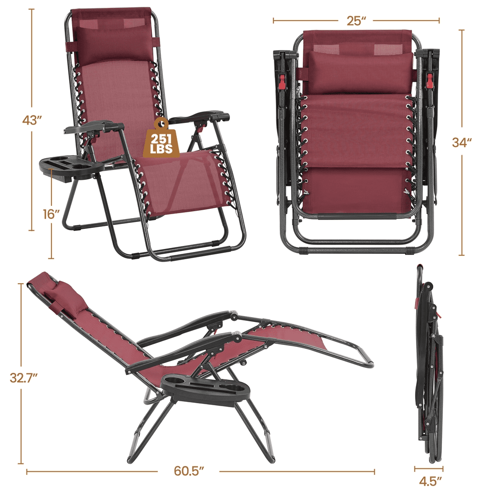 Alden Design 2pcs 26in Foldable Outdoor Zero Gravity Chair with Cupholder/Pillow, Burgundy