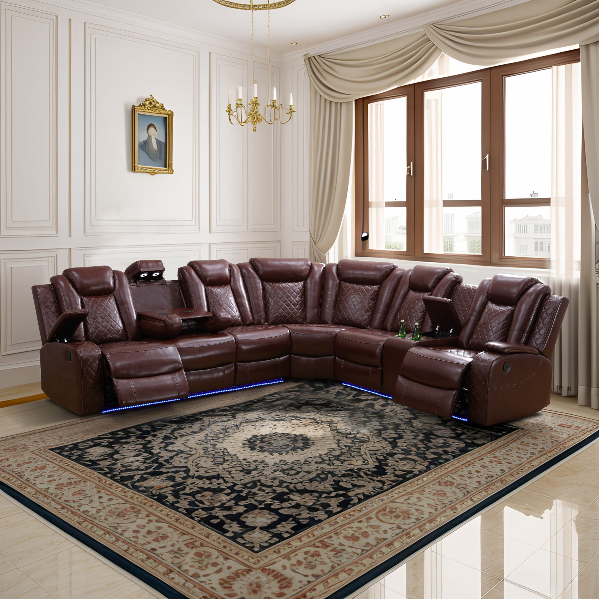 Gewnee Air Leather Power Recliner Sectional Sofa with Cup Holder, Oversize Sofa Couch for Living Room Home Office Theater