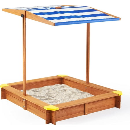 Kid's Sandbox with Cover, 46''x46'' Outdoor Wooden Sandpit w/Adjustable Canopy for Backyard Play