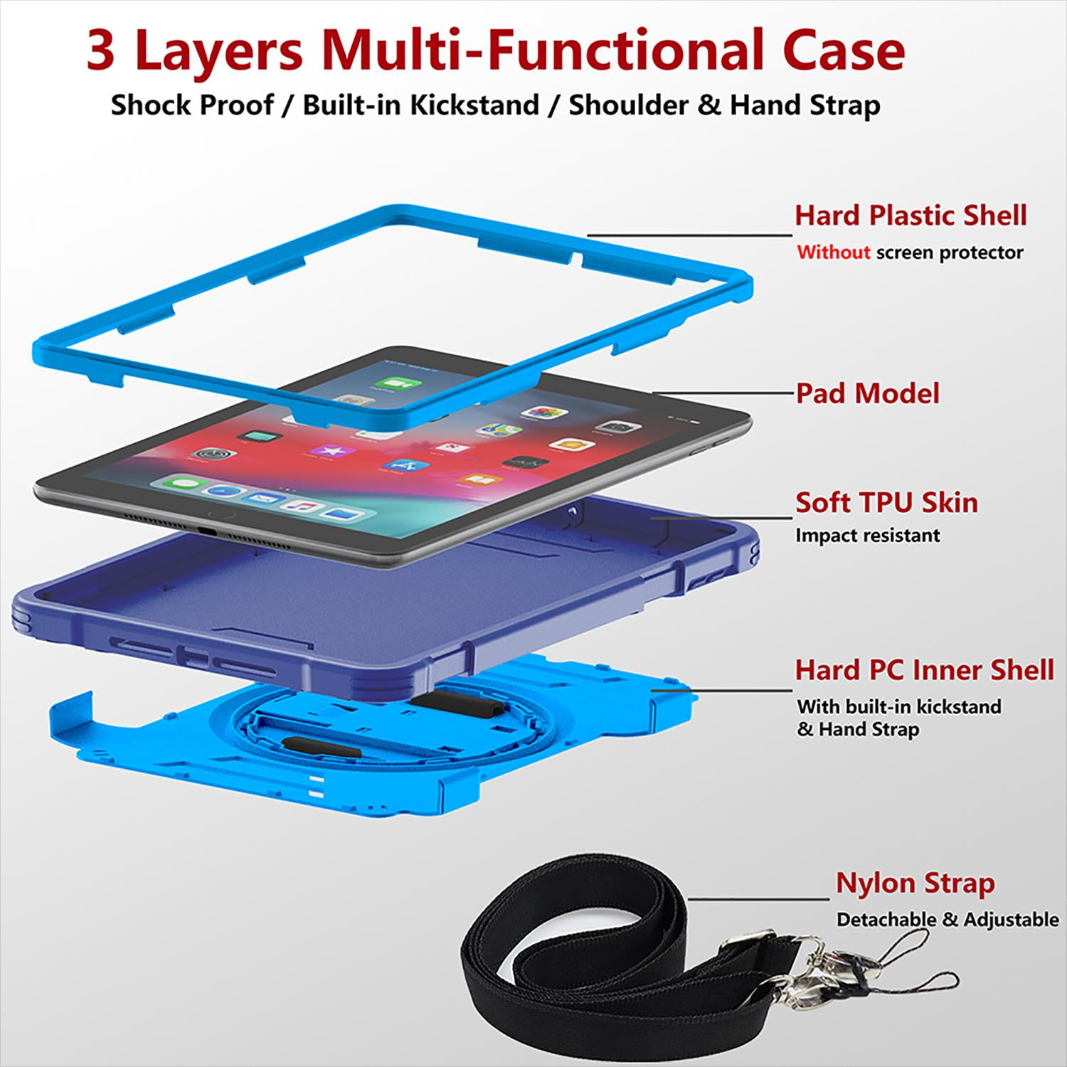Shockproof Case for Apple iPad 6th 5th Generation, with Pencil Holder Military Grade Protection Rotating Stand Hand Strap Shoulder Strap Bumper Rugged Case for iPad 6th 5th Gen 9.7", Blue