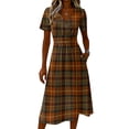 thumbnail image 4 of Ladies' Plaid Casual Fashionable Short Sleeved V-neck Dress Brown F L, 4 of 5