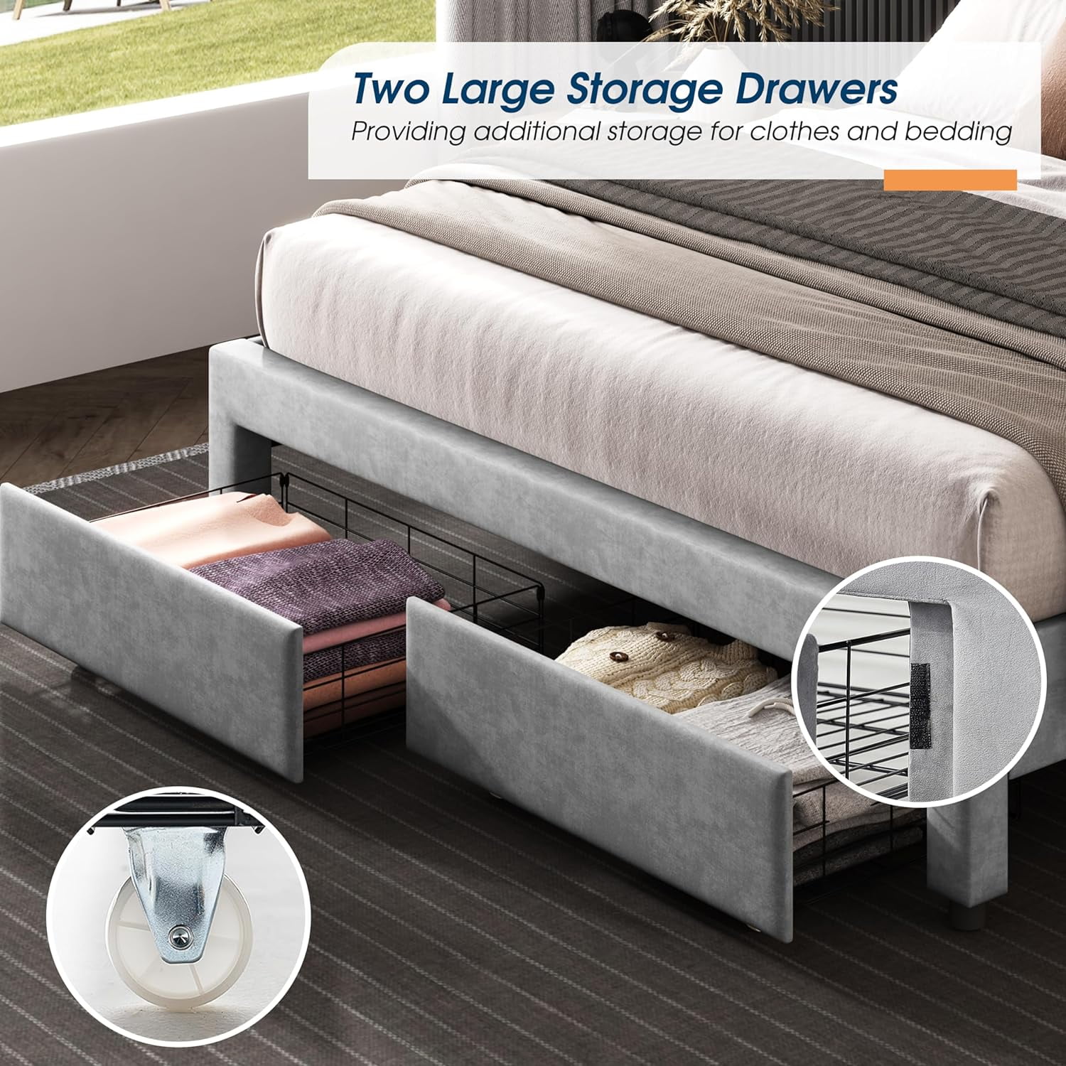 LUXOAK Queen Bed Frame with LED Lights&Storage Drawers,Velvet Upholstered Platform Bed,Light Grey