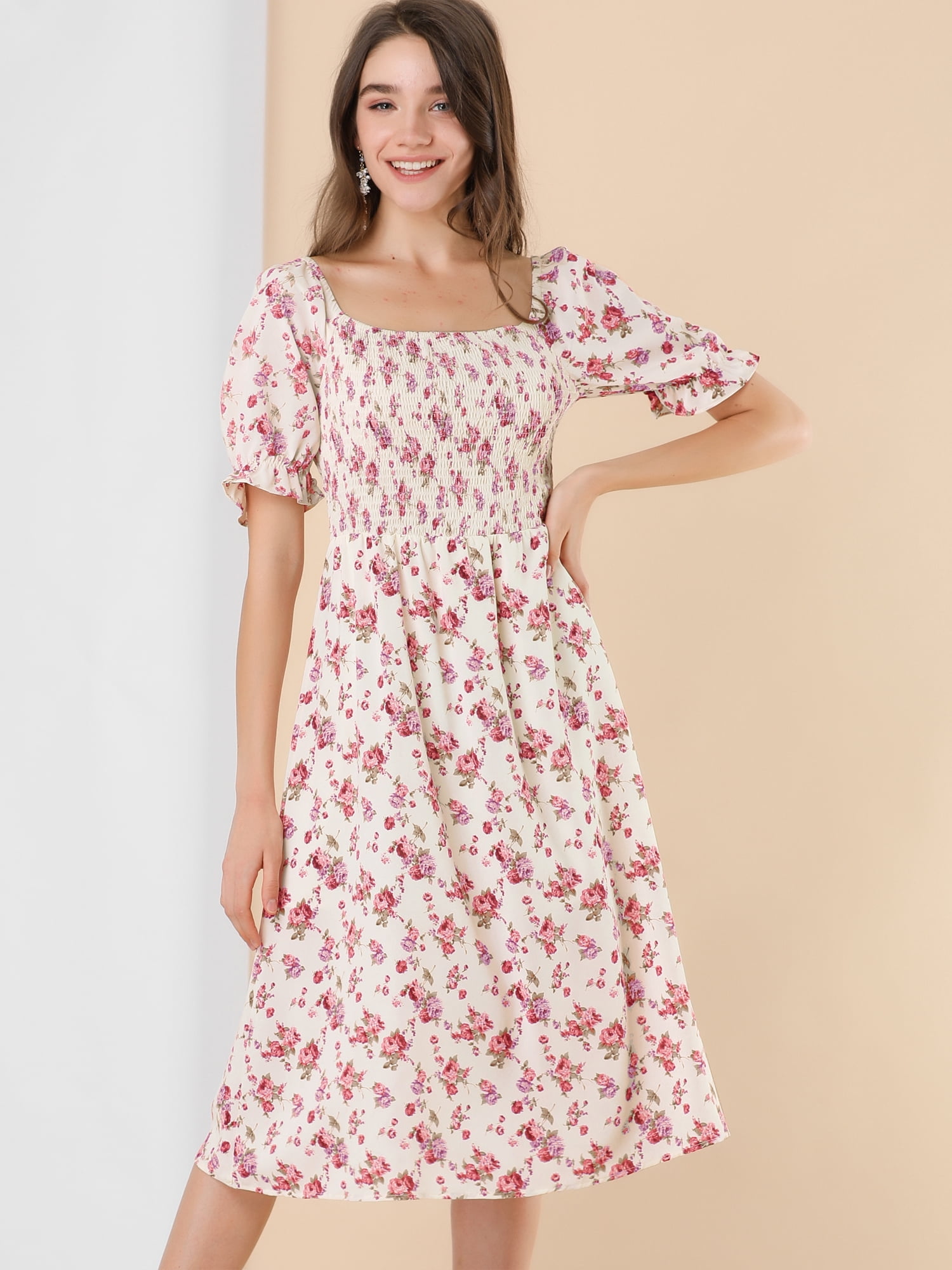 DARING DIVA Women's Cottagecore Floral Dress Puff Sleeves Smocked Dresses 3XL Beige