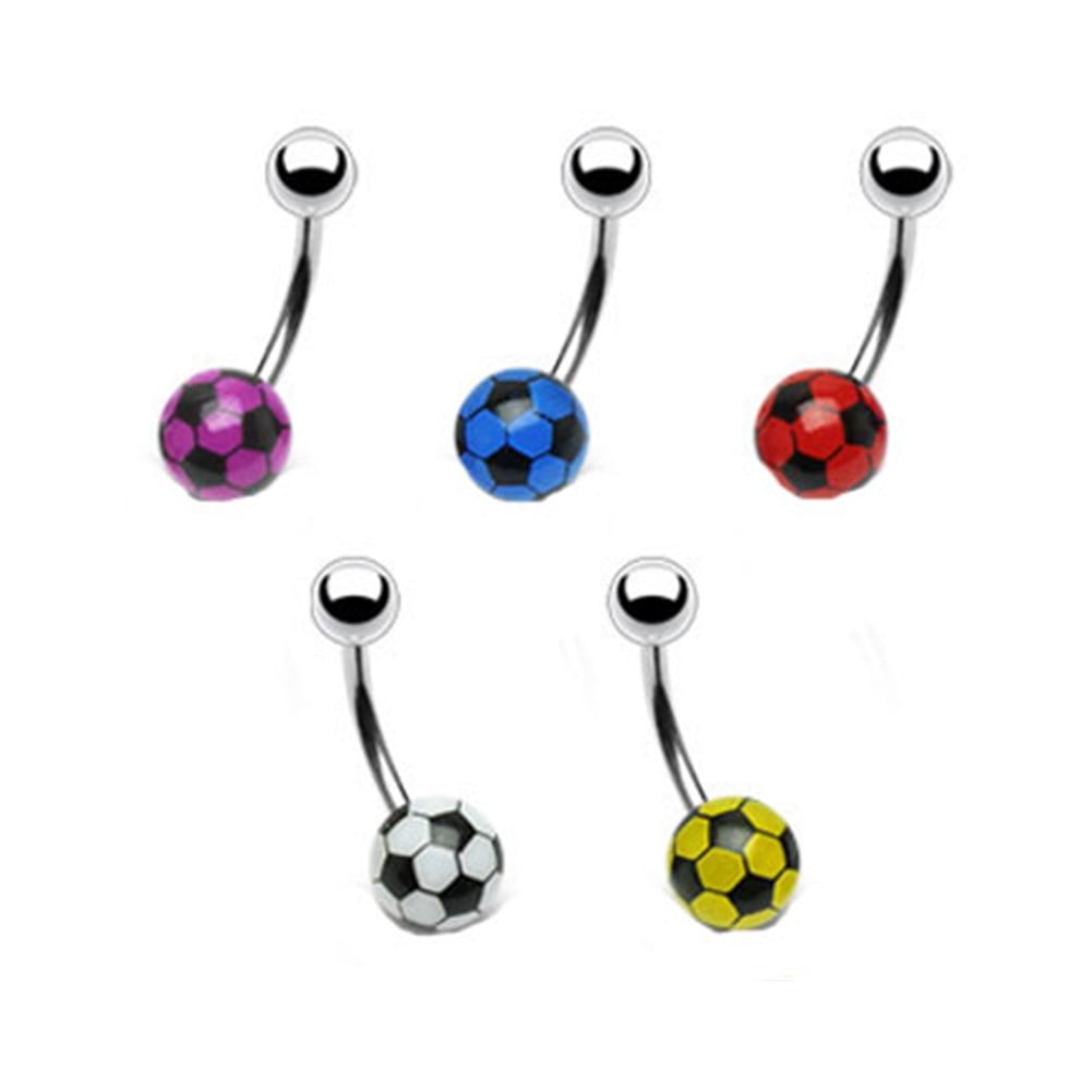 Navel Ring With Steel Top Ball And Acrylic Soccer Bottom Ball,Blue