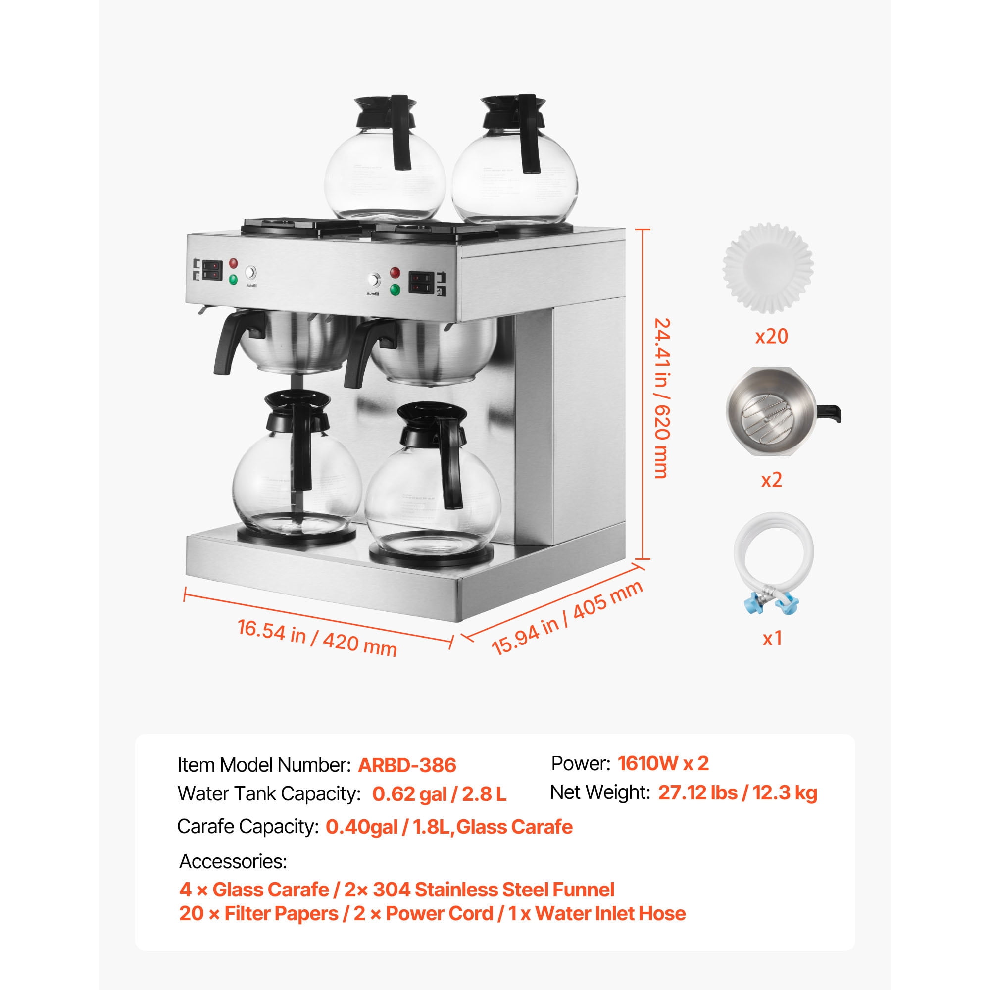 KFFKFF Commercial Drip Coffee Maker, 24-Cup Machine with 4 Glass Carafes and 4 Warming Plates, Stainless Steel Dual-Head Brewer for Restaurants, Offices, Cafes, and Homes