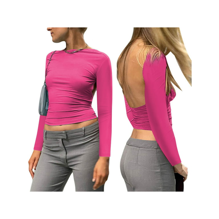 Women Sexy Long Sleeve Backless Top Slim Fit Open Back Shirt Crewneck  Cutout Casual Y2K Tshirt
