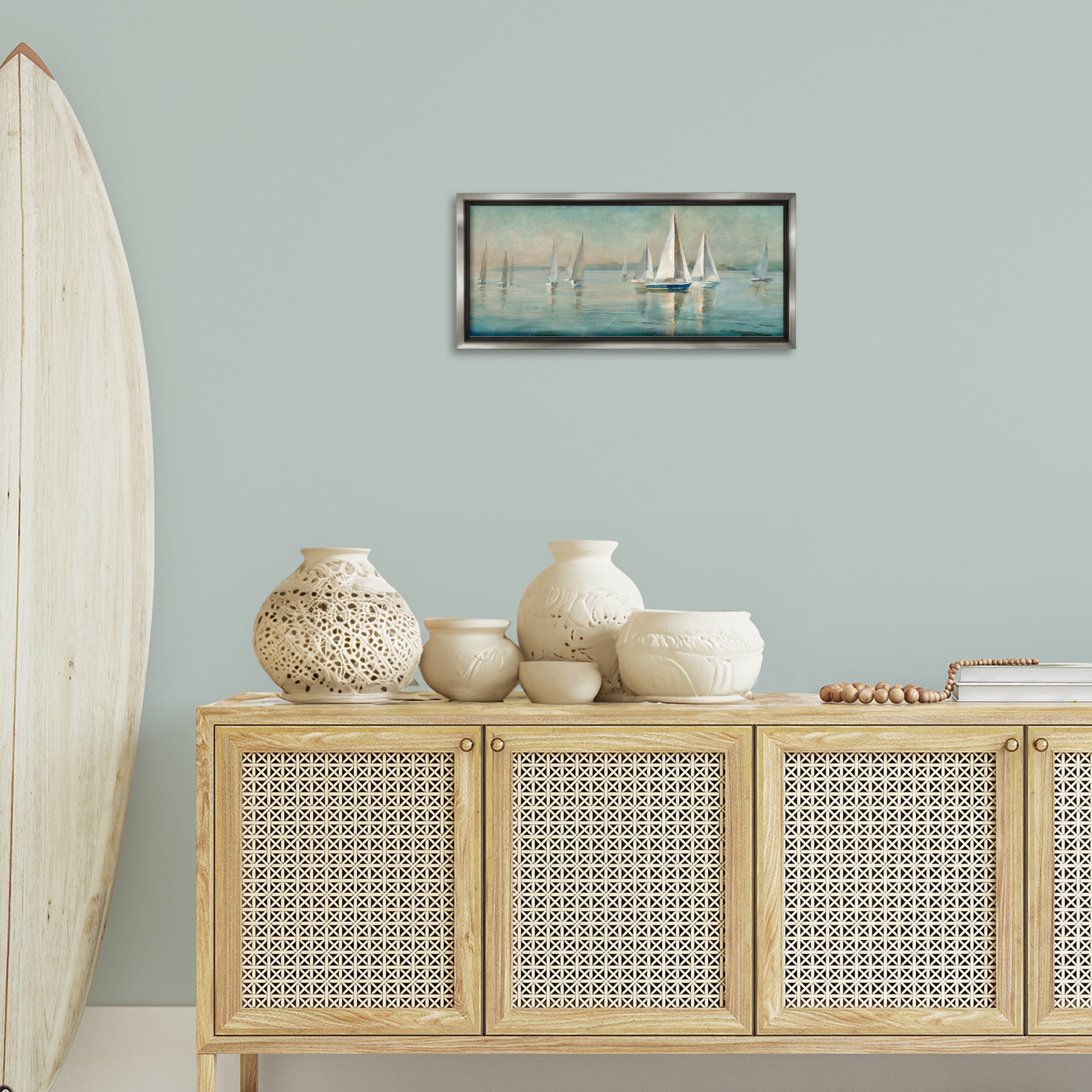 Stupell Industries Panoramic Sailing at Sunrise Nautical & Beach Painting Gray Floater Framed Canvas Art Print Wall Art, 25 x 11