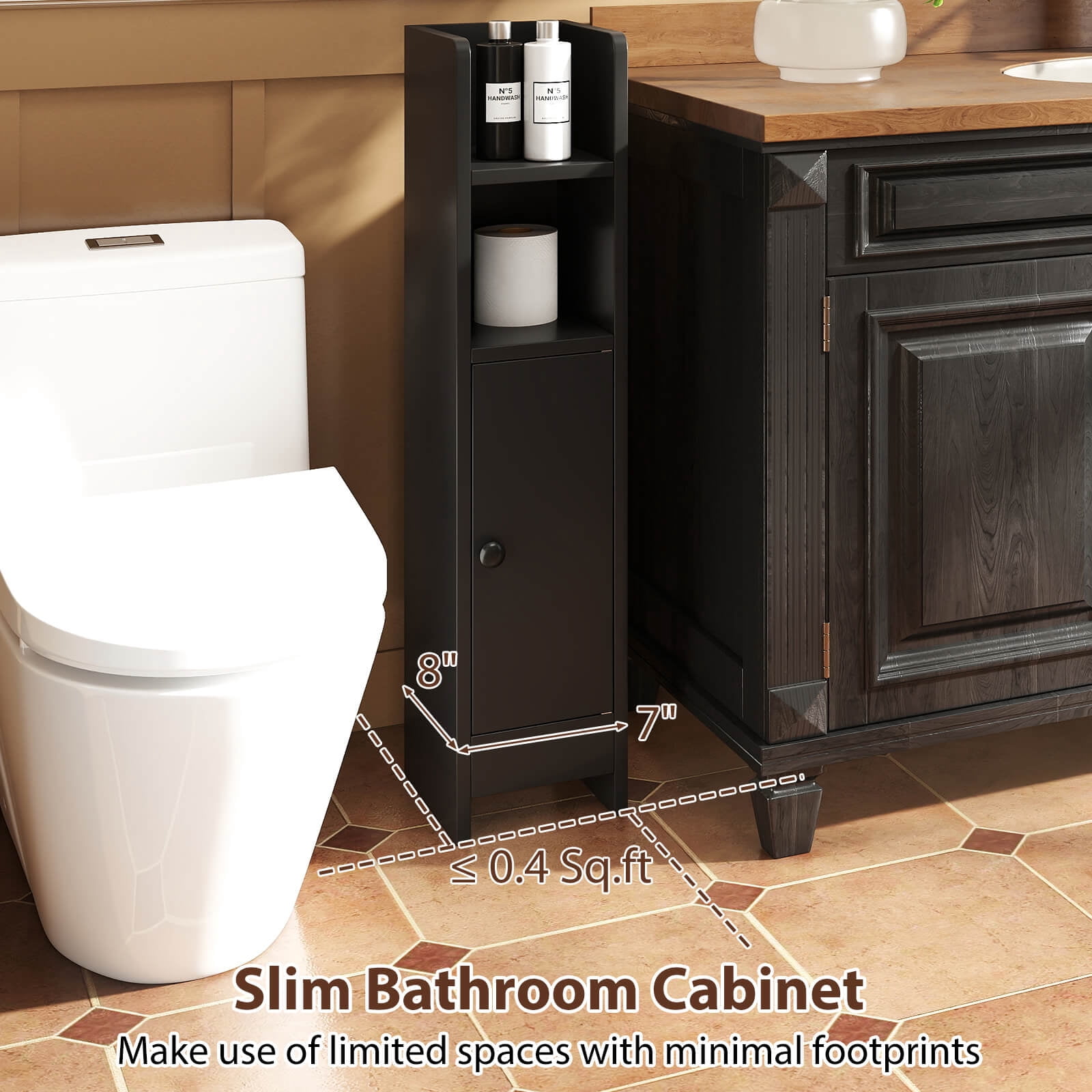 Costway Bathroom Storage Cabinet with Adjustable Shelf 1 Door & 2 Open Shelves Living Room Black