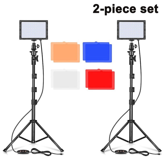 Juego de 2 piezas de luz LED para vídeo, kit de iluminación para fotografía, panel de estudio, luces clave para grabación de vídeo, 4 filtros de color regulables, soporte para trípode ajustable, luz