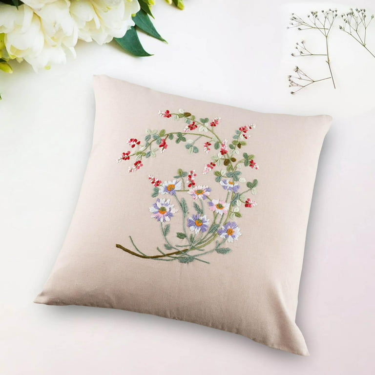 Handmade Embroidery Pillow Covers Sewing Craft DIY Fabric Floral Pattern  Home Decor Stitch Set for Sofa Wedding Car Decorative , light blue 