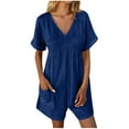thumbnail image 2 of Dwaogom Women's Casual V-Neck Solid Short Sleeve Pockets Jumpsuit Shorts Women's Shiny Metallic Stretch Leggings Sportswear Shape Leggings, 2 of 8