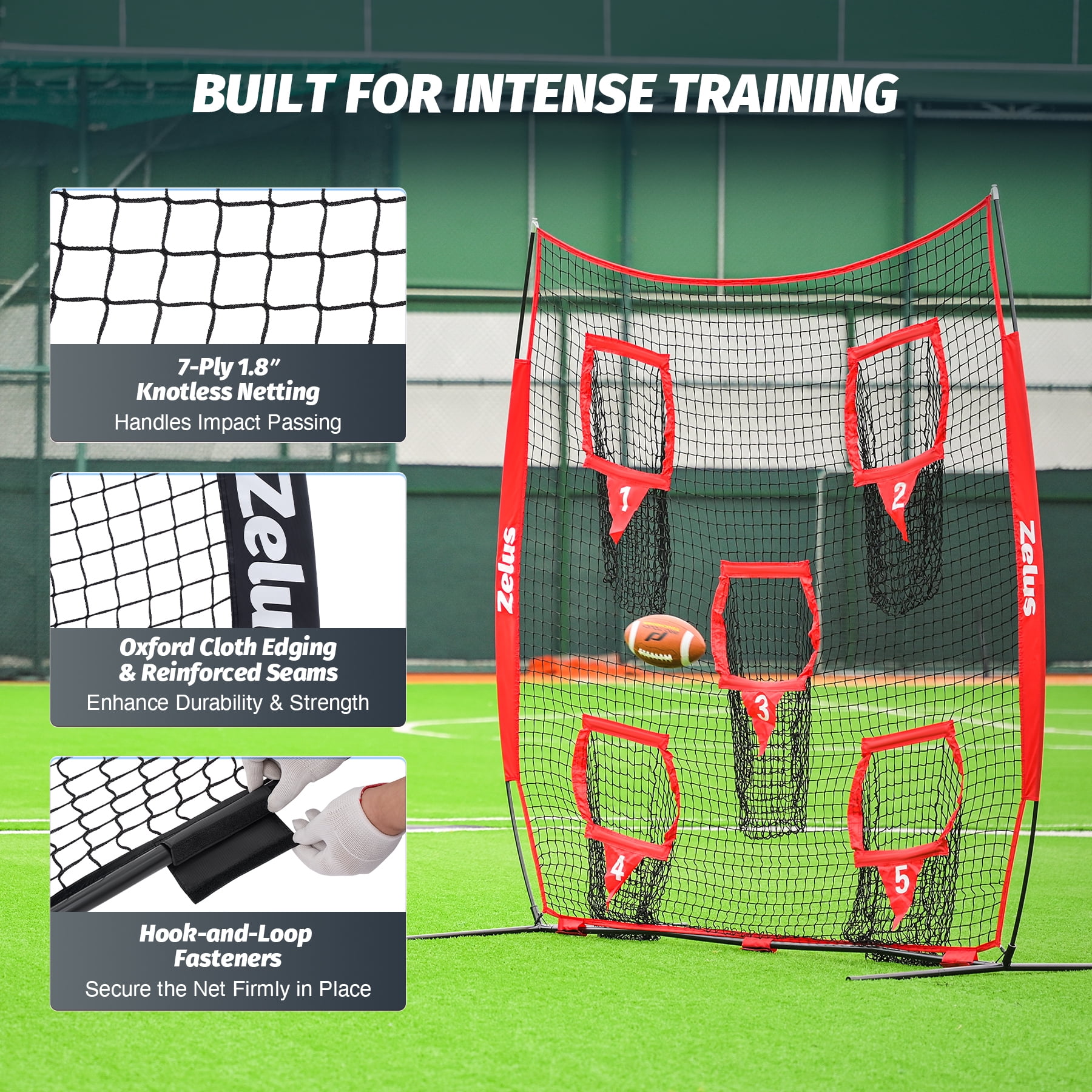 7x7ft Football Throwing Net with 5 Targets - Quarterback Training Gear for All Ages, Includes Carry Bag & Stakes, Red