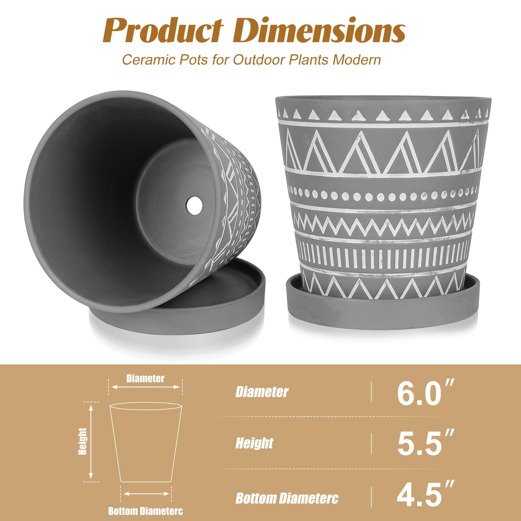 BUYMAX 6 inch Terracotta Pots with Drainage Hole & Saucer, Modern Geometric Planter Set of 2 in Cement Gray - Boho Indoor Outdoor Flower Pots