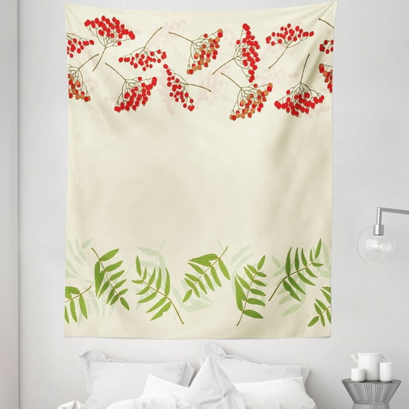 Rowan Tapestry, Graphic Border Design Berries Mountain Ashes Botanical Nature Themed, Fabric Wall Hanging Decor for Bedroom Living Room Dorm, 5 Sizes, Fern Green Vermilion, by Ambesonne