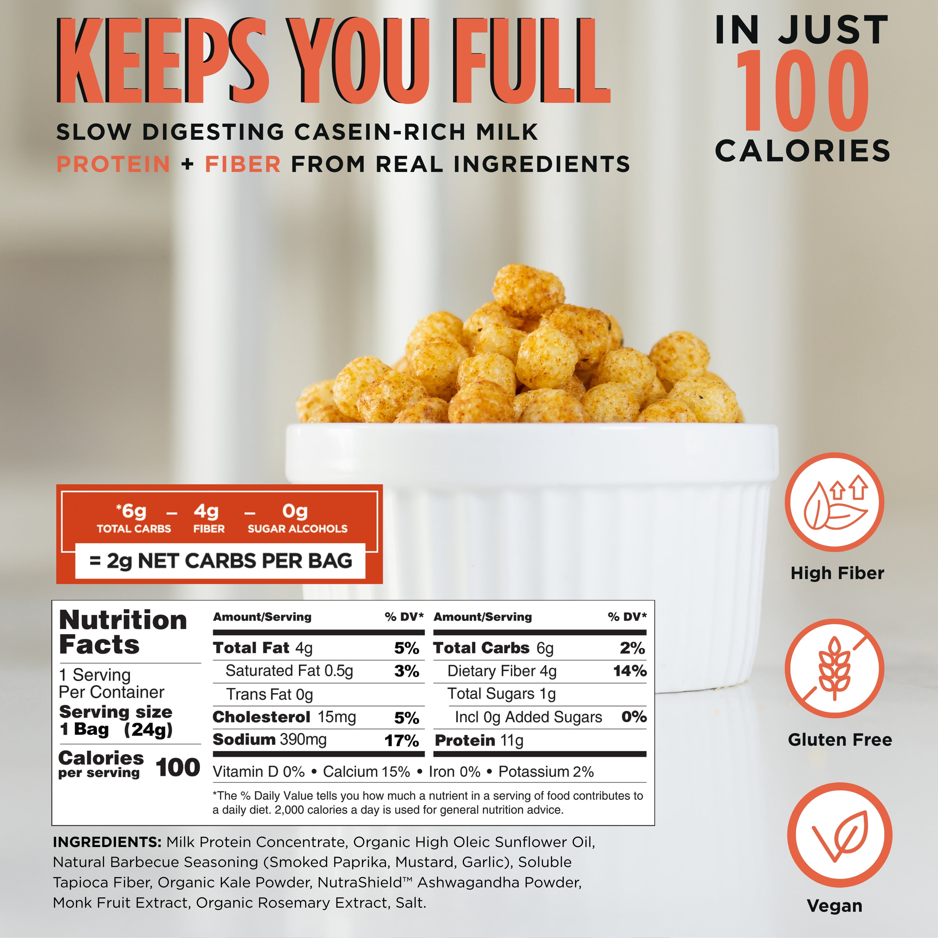 100 Cal Snacks Protein Puffs BBQ, High Protein Low Carb Snack, Gut Healthy, Gluten Free, 0.84 oz bag, 5 bags