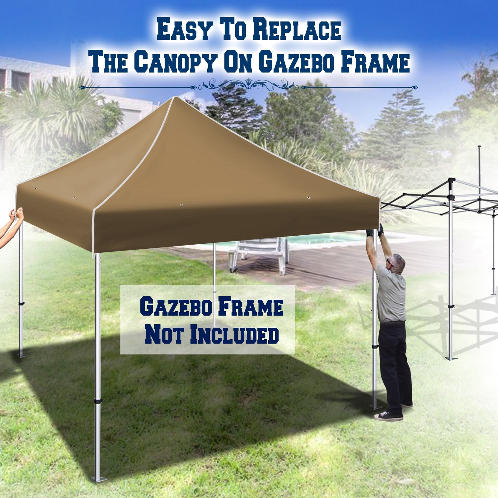 SUNNY Ez pop Up Instant Canopy 10'X10' Replacement Top Gazebo EZ Canopy Cover Only Patio Pavilion Sunshade Polyester-Tan