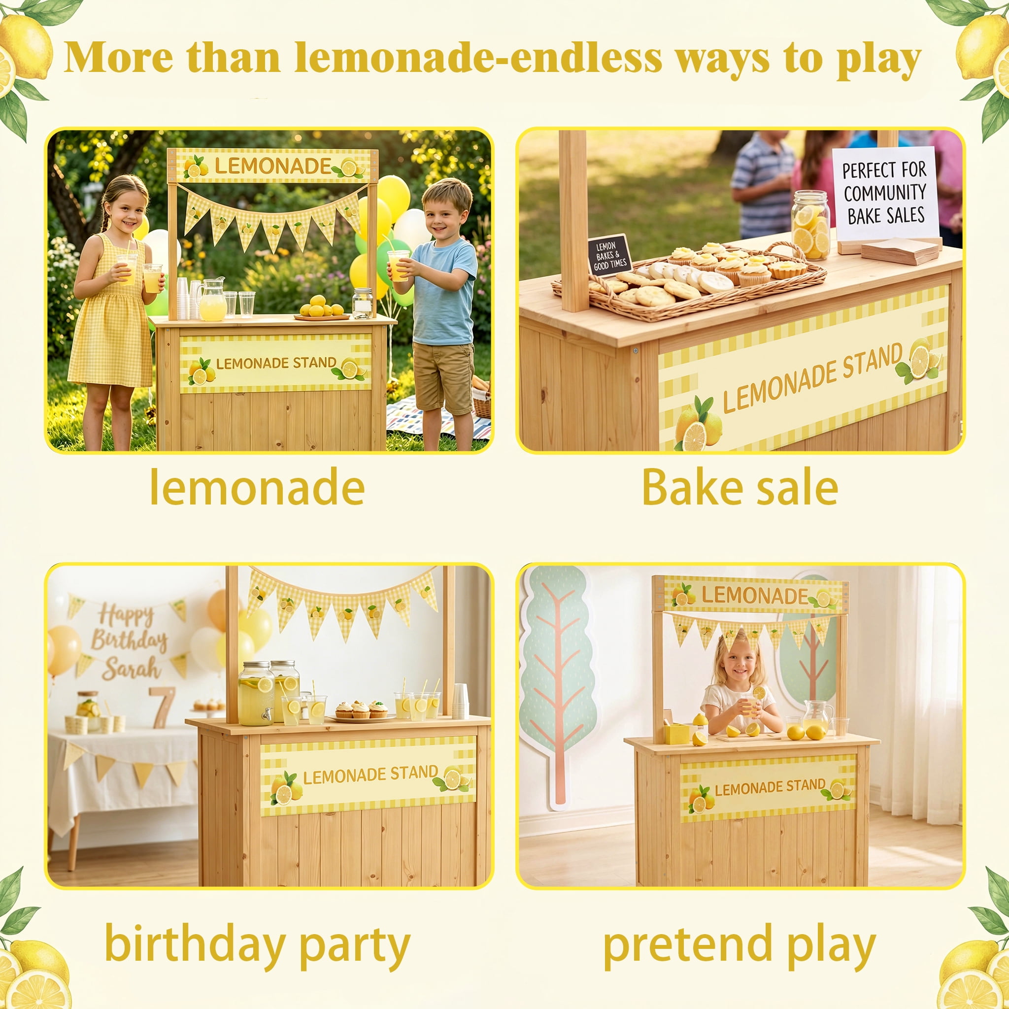 Lemonade Stand for Kids,  Lemonade bar with Fabric Banner & Skirt, 27.5” Counter Height Kids Outdoor Stand for Backyard, Parties & Pretend Play (Ages 5–10)