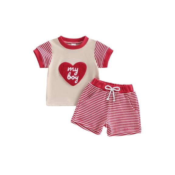 Miaouyo Kids Baby Boys Valentine's Day Outfits 0 6 12 18 24 Months 2T 3T 4T 5T Heart Embroidery Round Neck Short Sleeve Tops Elastic Waist Shorts 2Pcs Clothes Set
