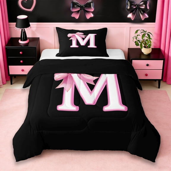 Erosebridal Bowknot Initial Alphabet M Twin Comforter Sets,Dreamy Princess Bowtie Kids Bedding Set For Girls,Reversible Black 2pcs